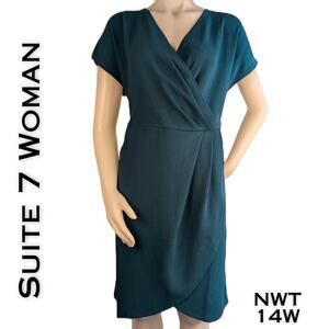 Suite 7 Wrap Dress 14W Teal Blue Short Sleeve Draped V-Neck Flowy Plus Size NEW